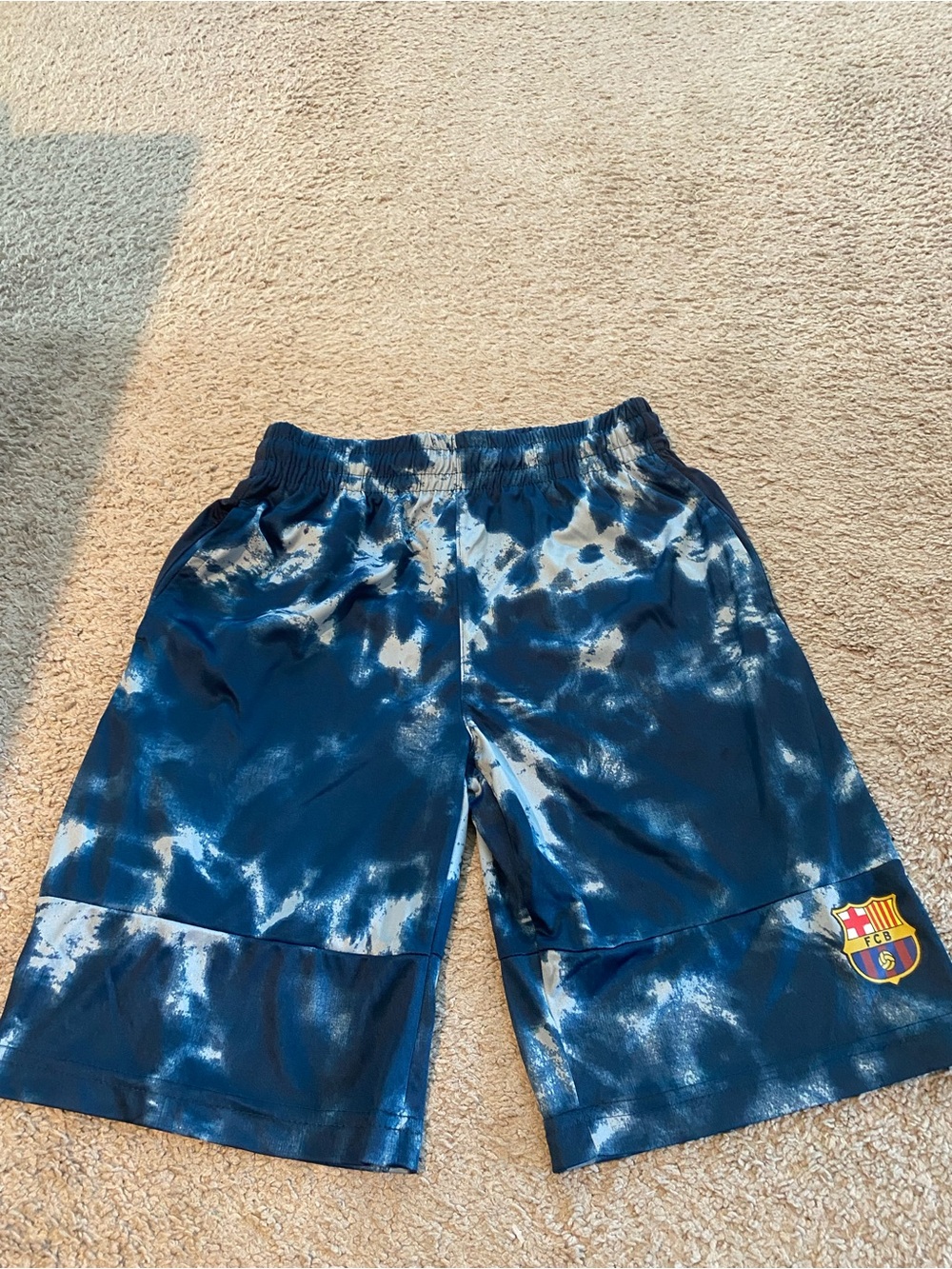 Boys FC Barcelona Blue Tie-Dye Soccer Shorts with Team Crest